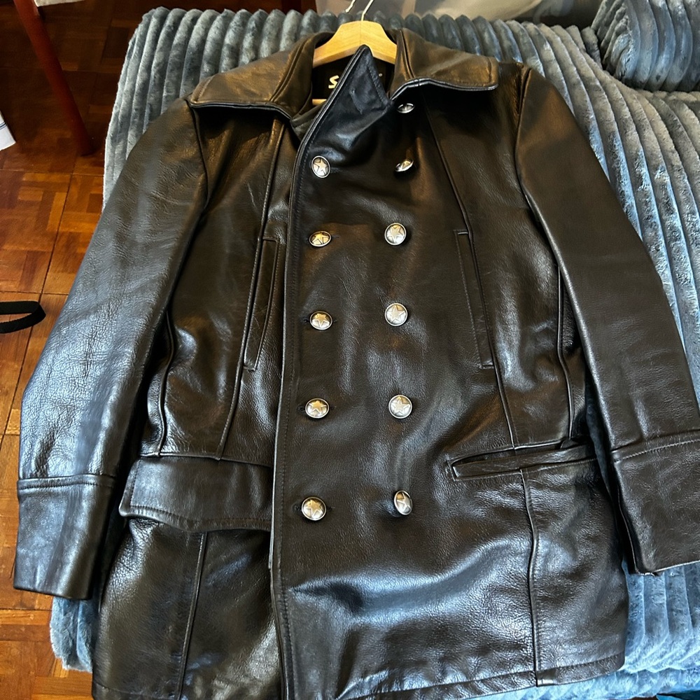 Schott NYC Black Leather Pea Coat